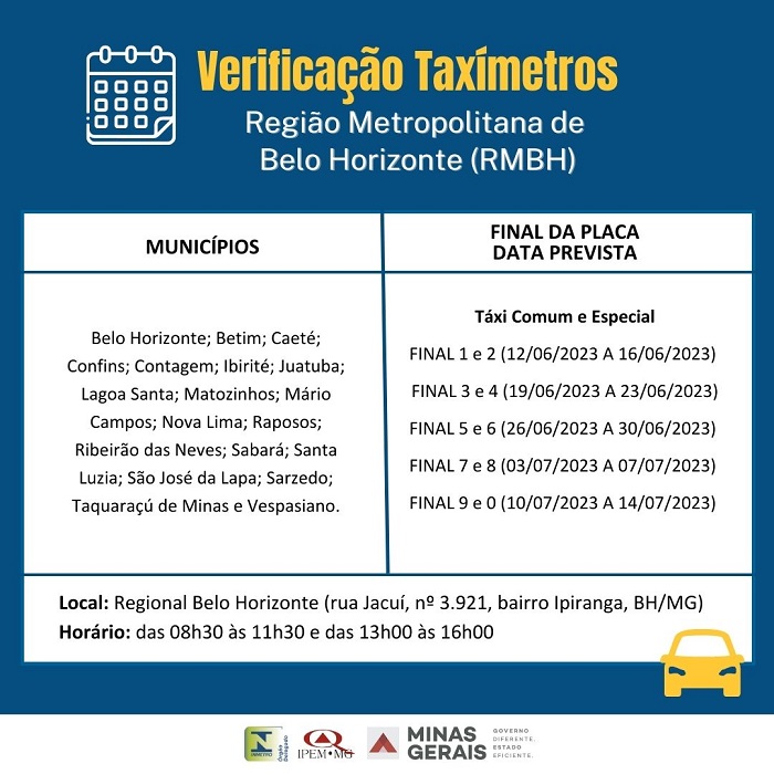 Ipem-MG verifica taxímetros dos municípios da RMBH