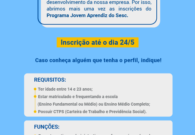 Sesc tem vagas abertas para Programa Jovem Aprendiz em Contagem até (24/05)