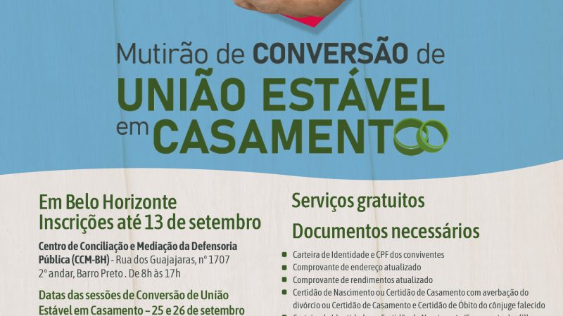 Defensoria Pública está com inscrições abertas em BH para Mutirão de Conversão de União Estável em Casamento