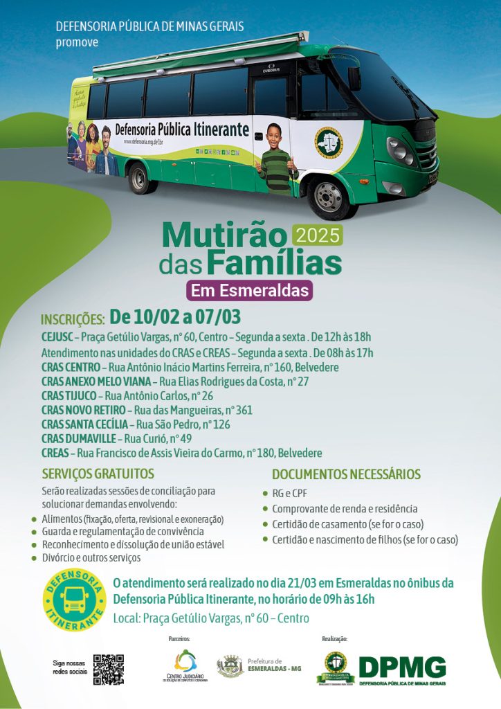 Estão abertas as inscrições para o Mutirão das Famílias em Esmeraldas com atendimento gratuito à população